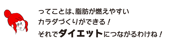 ラク子「ってことは、脂肪が燃えやすいカラダづくりができる！　それでダイエットにつながるわけね！」